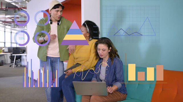 laptop user opening screen, team leaning in, reviewing data while animated charts appearing