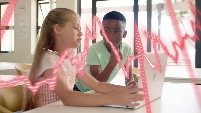 Girl typing and speaking while boy leaning in, generating pink waveform over laptop for school
