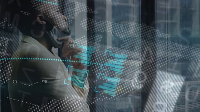 Man standing window, thinking and analyzing market while data stream sending map HUD across window