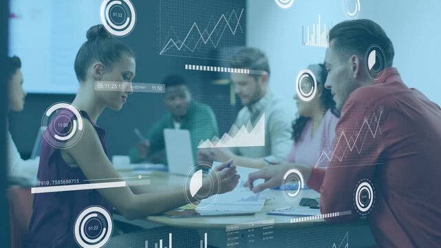 Teen, red man leaning, pointing, exchanging printed charts HUD overlaying them, closing tech report
