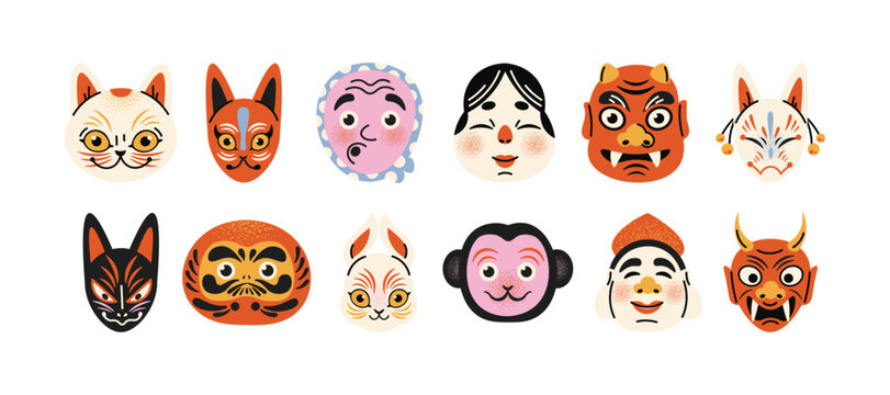 Asian traditional masks stickers inspired by Chinese and Japanese culture in retro cartoon style. icons: animal masks, folk theater faces, cultural disguise, festival costume masks, expressive charact