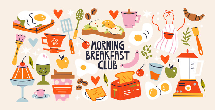 Morning breakfast food stickers retro cartoon style. Fried eggs, toast, coffee, croissant, blender and supermarket groceries, homemade breakfast meals and morning food products collection