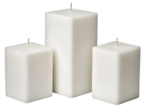 Set of Three White Square Pillar Candles in Different Heights Blank Unlit Isolated on White Background
