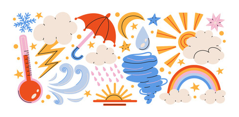 Naklejka premium Weather symbols set with sun rain cloud and temperature in retro cartoon style. shapes: umbrella, rainbow, lightning, wind, tornado and forecast icons. climate elements collection for meteorology