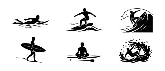 Obraz premium Surfer Silhouette Set Icons, Professional Surfing Poses and Board Actions, Water Sports Collection for Web Design, Black Graphics on White Background for Branding, Extreme Ocean Sport Activity Symbols