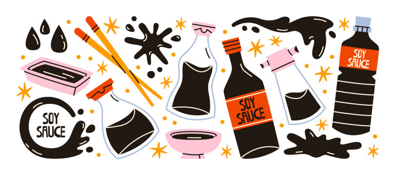 Soy sauce stickers in retro cartoon style. Soy sauce bottles, sushi bowls, chopsticks, asian seasoning, splashes and japanese food elements. Oriental kitchen graphics, sushi restaurant condiment shape