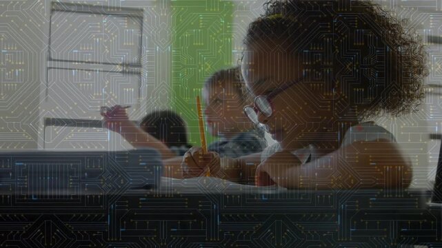 Camera panning classroom row, student with glasses writing workbook, classmates signaling for help
