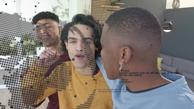 Three men posing for selfie in lounge, phone starting dotted map drifting across faces, holding cue