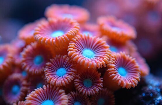 Macro view of tiny vibrant orange coral polyps with bright blue centers. These zoanthids grow in a reef aquarium. Underwater life, marine beauty.