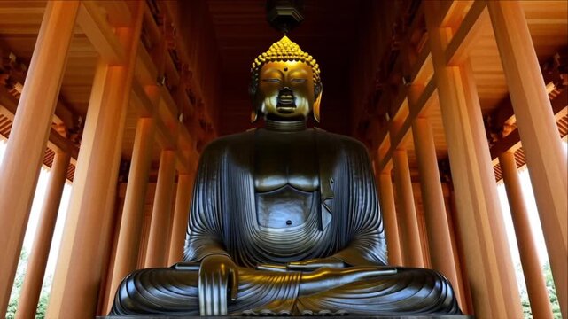 黄金の光とブロンズの仏像による伝統的な寺院建築の組み立て