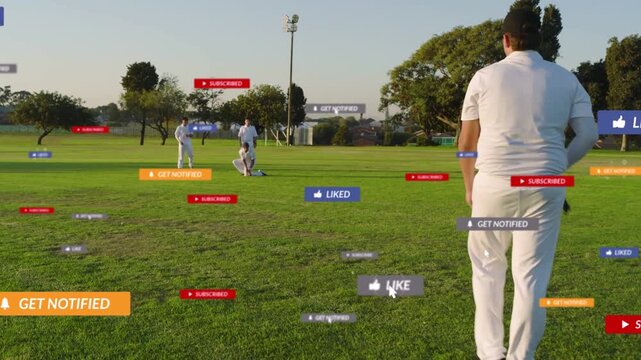 Bowler bowling, right fielder running and scooping ball to stop runs while callouts rising on grass