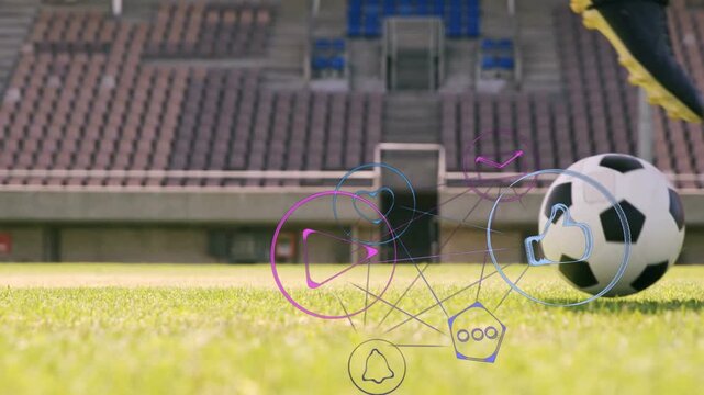 Male soccer player entering frame tapping, rolling, flicking ball, animated icons rising for promo