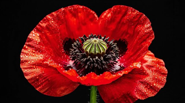 Time-lapse of a vibrant red poppy flower blossoming against a black background, showing detail of petals and stamens