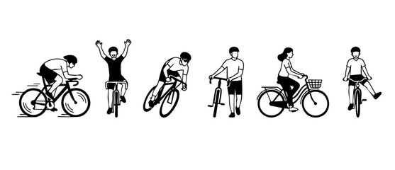 Obraz premium Cyclists riding bicycles flat vector icons set, collection of people cycling, racing, commuting and walking with bikes in simple minimalist black and white line art style for infographic web design