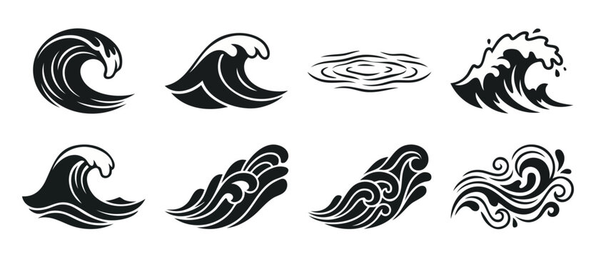 Ocean Wave Icons Set Black Vector Illustration for Graphic Design, Sea Surf Splashes and Water Ripples Collection, Abstract Liquid Shapes for Branding and Print Templates, Minimalist Marine Elements.