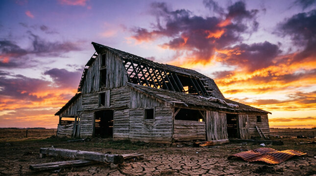 Weathered barn at sunset reveals rural beauty and timeless rustic charm.