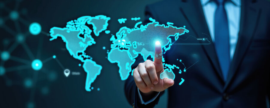 Man in suit touches digital world map interface. Global network connection data analytics, business strategy, futuristic tech. International digital planning.