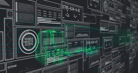 Naklejka premium Hovering green teal 3D wireframe delivery van scanning virtual data wall, with numeric readouts