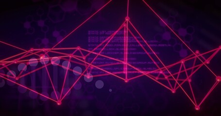 Fototapeta premium Glowing magenta network graph forming triangular mesh and waveform peaks in data display with DNA