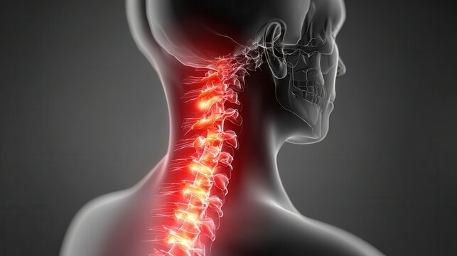 Close Up View of a Human Neck Spine with Glowing Red Inflammation and Pain Signals in a Dark Gray Studio Background Focusing on Medical Health and Anatomy With No People Visible