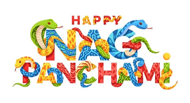 Colorful Nag Panchami festive typography with illustration of cobras