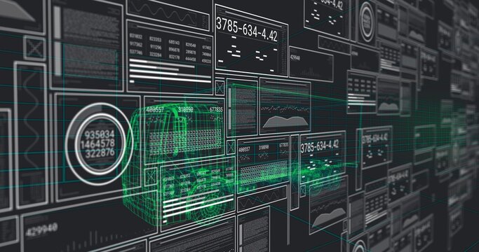 Hovering green teal 3D wireframe delivery van scanning virtual data wall, with numeric readouts