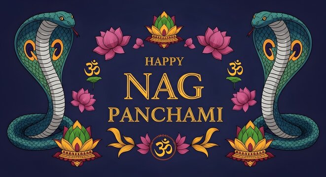 Decorative Nag Panchami greeting card with traditional cobra and lotus