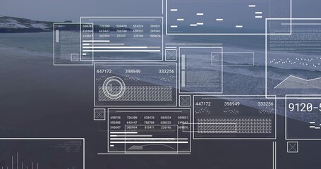 Naklejka premium Displaying semi-transparent UI covering sea level coast, showing numeric readouts and radar marker