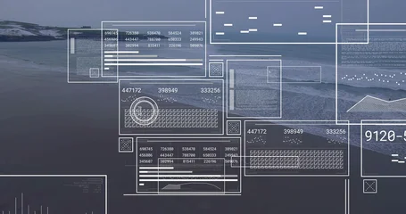 Fotobehang Zee & Oceaan Displaying semi-transparent UI covering sea level coast, showing numeric readouts and radar marker  © vectorfusionart
