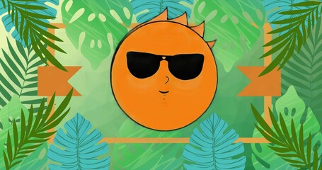 Fototapeta premium Showing cartoon orange sun wearing black sunglasses in tropical design, with blue green leaves
