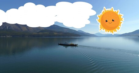 Obraz premium Gliding narrow boat leaving V wake across mountain lake with people in jackets cartoon sun cloud
