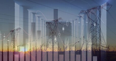 Naklejka premium Displaying three lattice pylons standing in grassy plain at sunset, showing power lines and charts