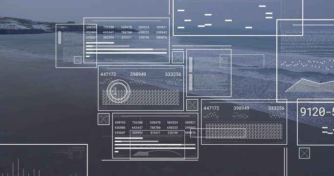 Displaying semi-transparent UI covering sea level coast, showing numeric readouts and radar marker