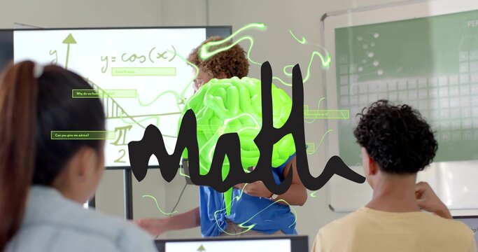 Presenting teacher in blue gesturing in class showing y=cos(x), neon brain, students foreground