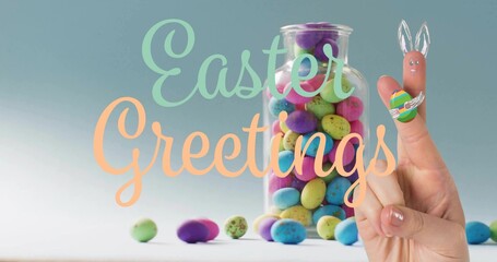 Naklejka premium Displaying jar and two finger bunnies forming on table with speckled eggs, Easter Greetings text