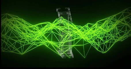 Fototapeta premium Undulating neon green wireframe mesh rising across 3D studio, with glowing vertices and gray column