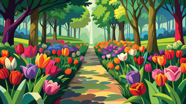 Colorful tulip flowers blooming in a sunny park with a stone path leading through green trees