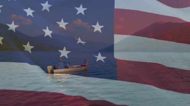 Two men operating outboard motor, moving boat left under rippling flag overlay for travel marketing