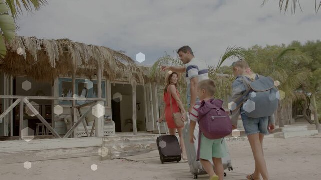 Family arriving and walking toward hut porch to enter, bags rolling, travel hex overlays appearing