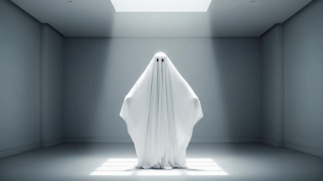 A ghost stands centered in a simple room illuminated by a skylight