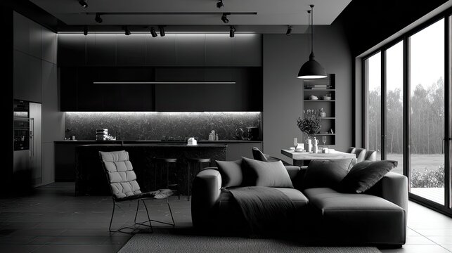 Modern, grayscale interior with a living room, kitchen, and dining area