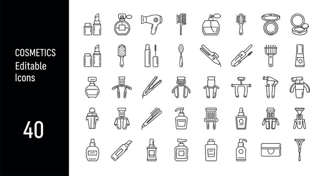 Cosmetics beauty makeup tools line icons vector set skincare haircare salon outline symbols collection