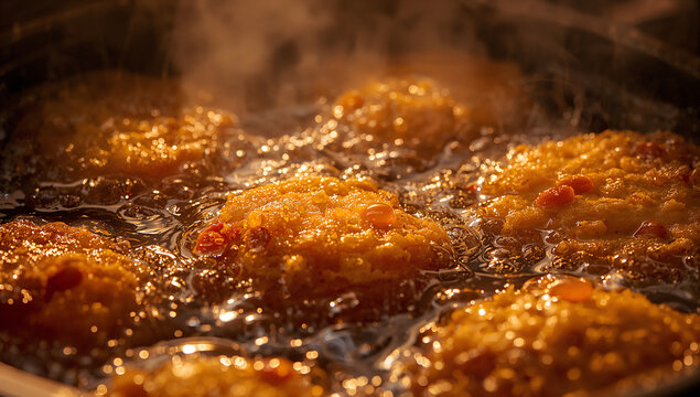 Crispy golden potato patties frying in oil with deep fry