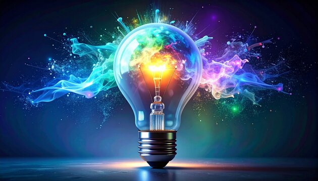 Vibrant Light Bulb Exploding with Colorful Energy and Ideas.