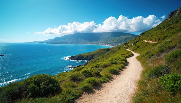 Dirt hiking path on green grassy cliff side overlooking bright blue ocean and distant mountains. Sunny day with white clouds in clear sky. Explore nature scenery.