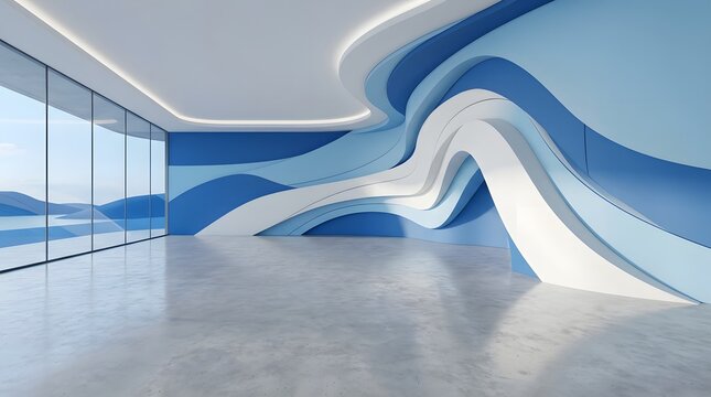 Curved Blue Wave Abstract Interior with Glass Wall