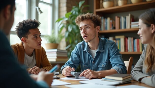University students group study together in library. Young man explains project idea to classmates while holding charger. Friends brainstorm ideas for assignment at table.
