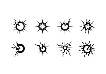 Set of eight black and white crack explosion icons. © elva