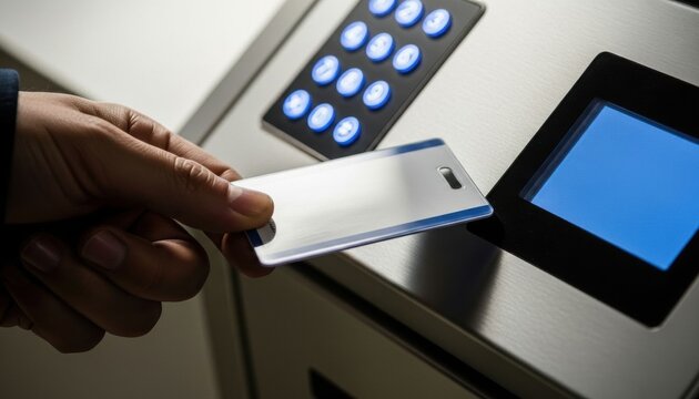 Man scanning security card at access control reader for building entry. Employee using electronic badge for identification and safety. Technology in corporate office security system.