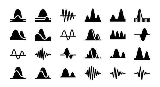 Sound wave, audio signal, waveform icons, 25 black vector graphics, sound spectrum symbols, audio waveform elements